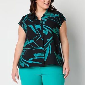 🔴 4/$15 Worthington New Women’s 1X teal & black print SS button down top NWT
